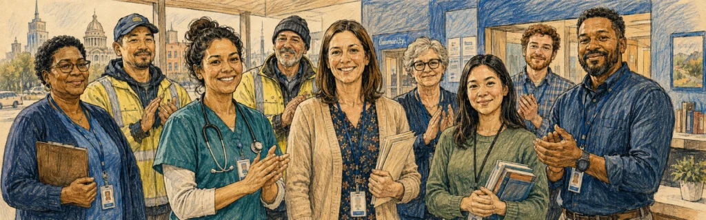 Ink and colored pencil illustration of a diverse group of public service workers applauding outside a community building