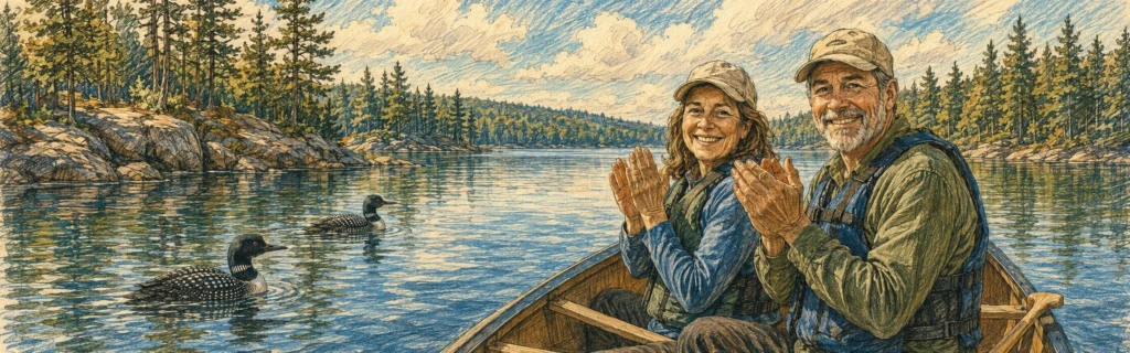Ink and colored pencil illustration of a couple in a canoe applauding on a Boundary Waters lake with loons swimming nearby