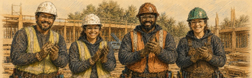 Illustration of members of the carpenters union applauding the endorsement of Dan Kessler for Senate
