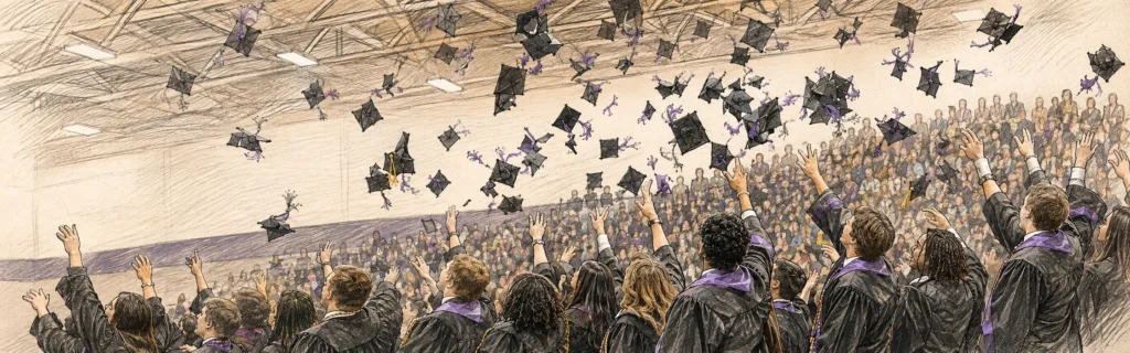Ink and colored pencil illustration of graduates in caps and gowns throwing their caps into the air in a packed gymnasium