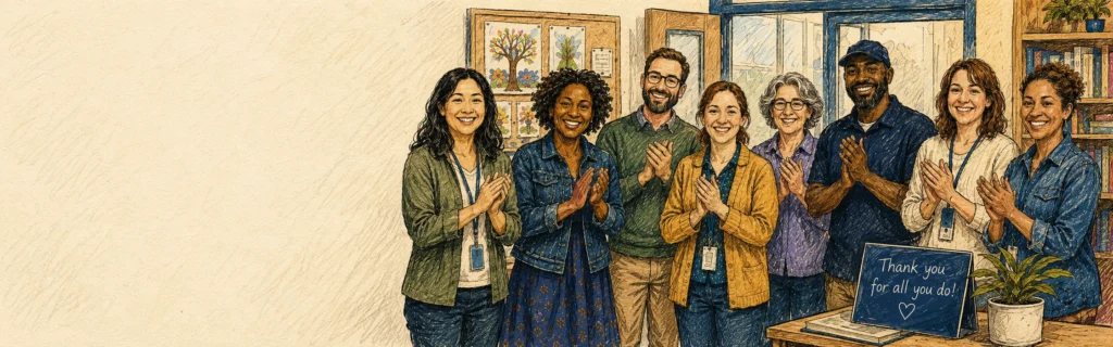 Ink and colored pencil illustration of a group of teachers and school staff applauding in a classroom decorated with a thank you sign