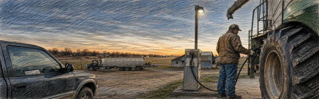 Ink and colored pencil illustration of a farmer fueling large farm equipment at a rural fuel pump at dusk