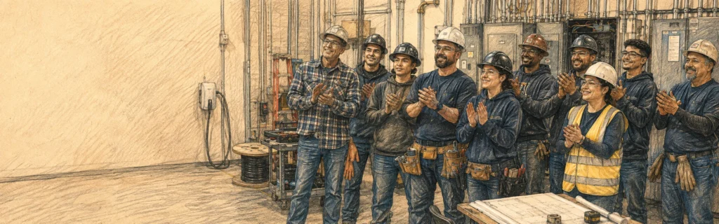 Ink and colored pencil illustration of a group of electricians in hard hats applauding in an electrical equipment room
