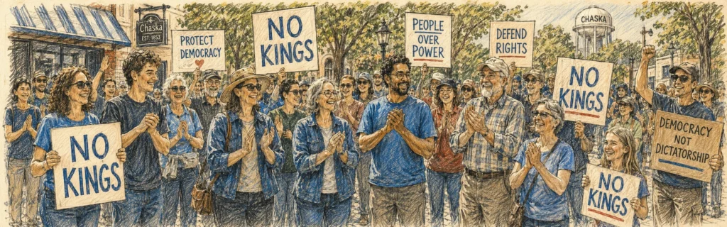 Ink and colored pencil illustration of a crowd holding Protect Democracy and No Kings signs on a downtown Chaska street
