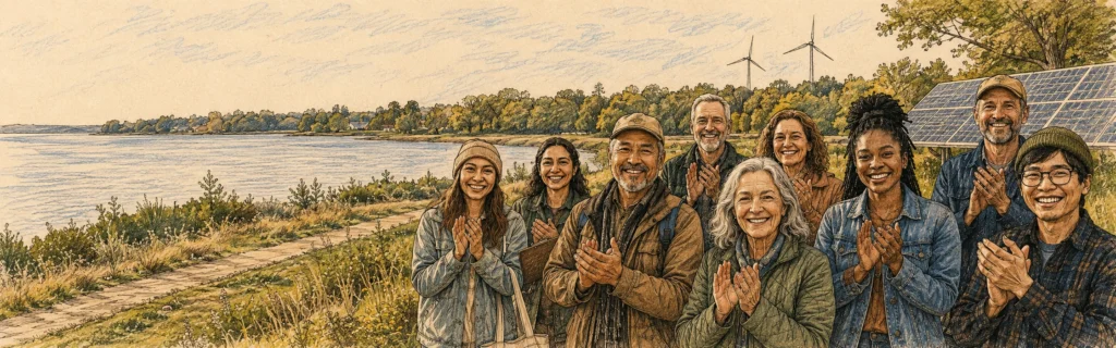 Ink and colored pencil illustration of a group of people applauding along a lakeshore near wind turbines and solar panels