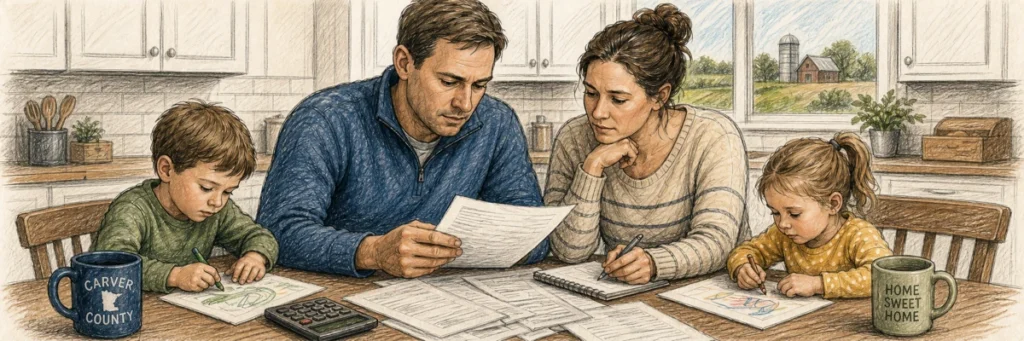 Illustration of a family of four at the kitchen table trying to manage the costs of childcare
