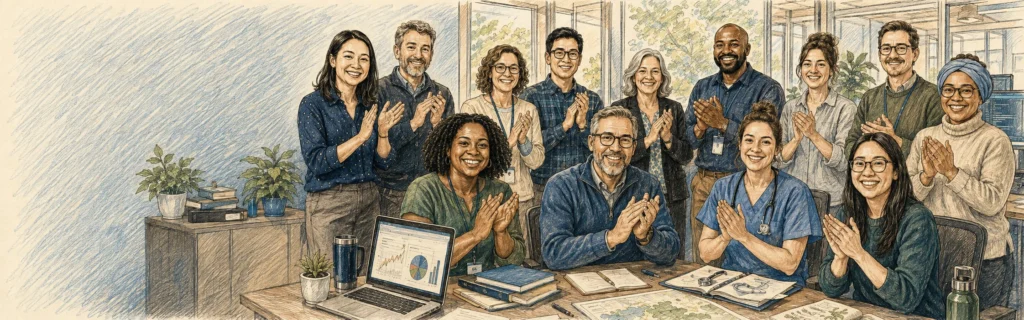 Ink and colored pencil illustration of professional state employees applauding around a conference table