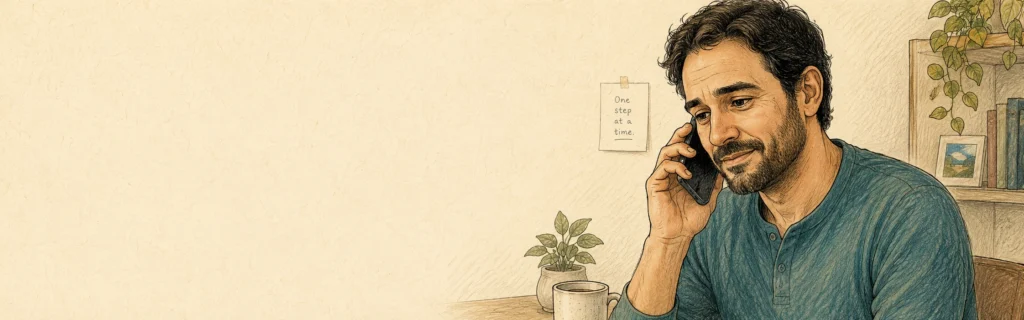 Illustration of a man talking on the phone to a gambling support professional