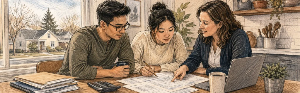 Illustration of a young couple discussing their options with a representative from the Minnesota Homeownership Center