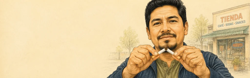 Illustration of a man breaking a cigarette in half as he stands outside a tobacco sales store.
