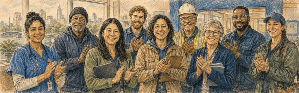 Ink and colored pencil illustration of a diverse group of union workers applauding in front of a city skyline window