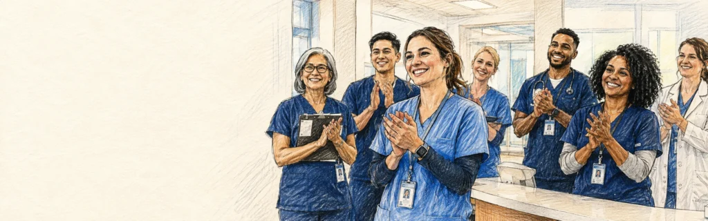 Ink and colored pencil illustration of a group of nurses applauding in a hospital hallway