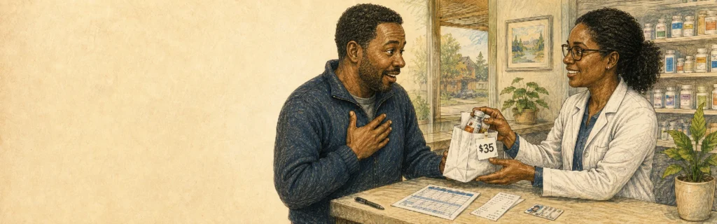 Illustration of a pharmacist giving emergency insulin to a customer
