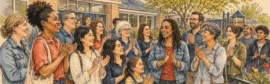 Illustration of members of Moms Demand Action applauding the certification of Dan Kessler for Senate