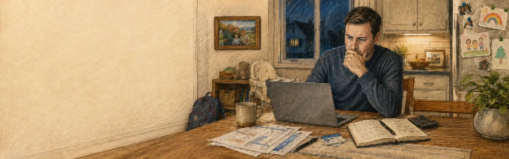 Ink-and-colored-pencil illustration of a concerned father reviewing bills and household finances on a laptop at his kitchen table at night, with children’s artwork, a backpack, and a framed family photo on the wall behind him.