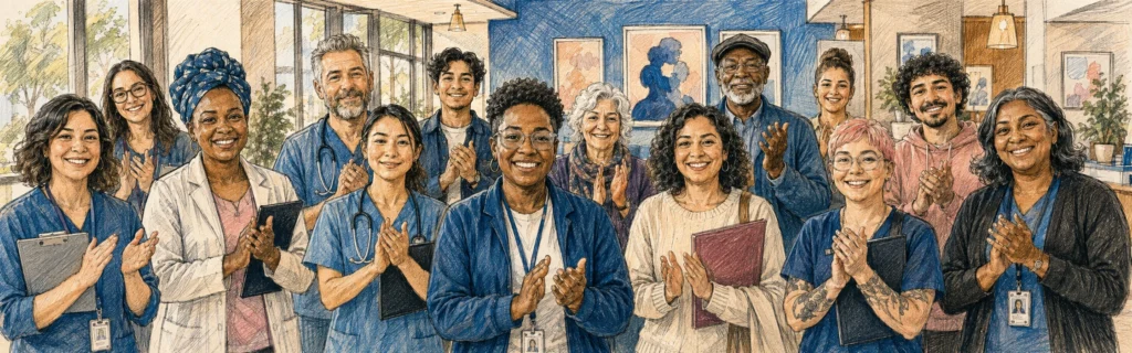 Ink and colored pencil illustration of healthcare workers applauding in a clinic with framed artwork on the wall