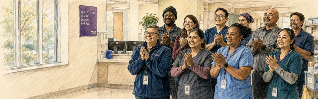 Ink and colored pencil illustration of a group of service workers applauding beneath an SEIU quality care sign