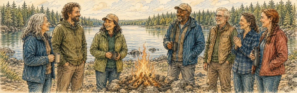 Ink and colored pencil illustration of a group of friends gathered around a campfire by a lake