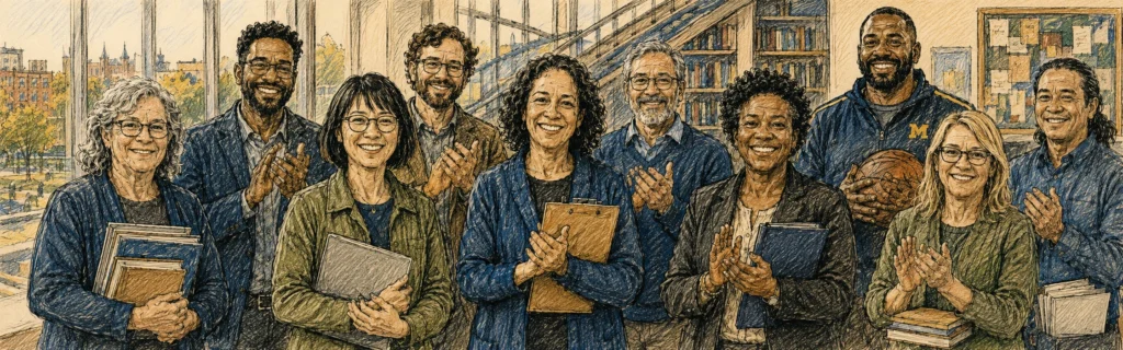 Ink and colored pencil illustration of university faculty and staff applauding in a library, one holding a basketball