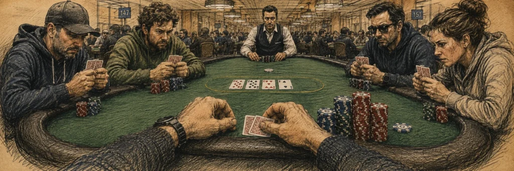 Illustration of several players competing at a card table at the World Series of Poker